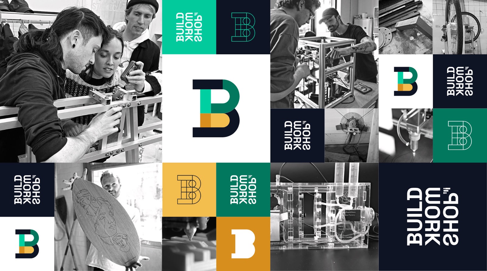 Build Workshop logo and photos of people at workshops with 3D printers, tools, balance board, electronics etc.