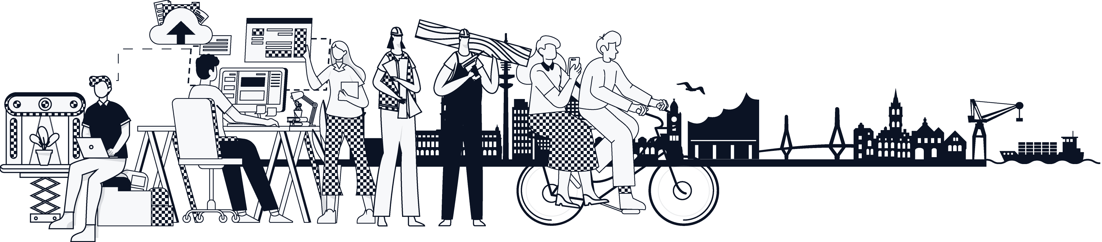 Monochrome stylized illustration of a city and the people working and living in it