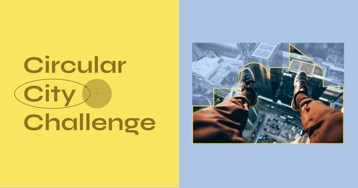 Circular City Challenge banner. Divided into two sides. On the left is Circular City Challenge. On the right, a picture of legs dangling over the city.