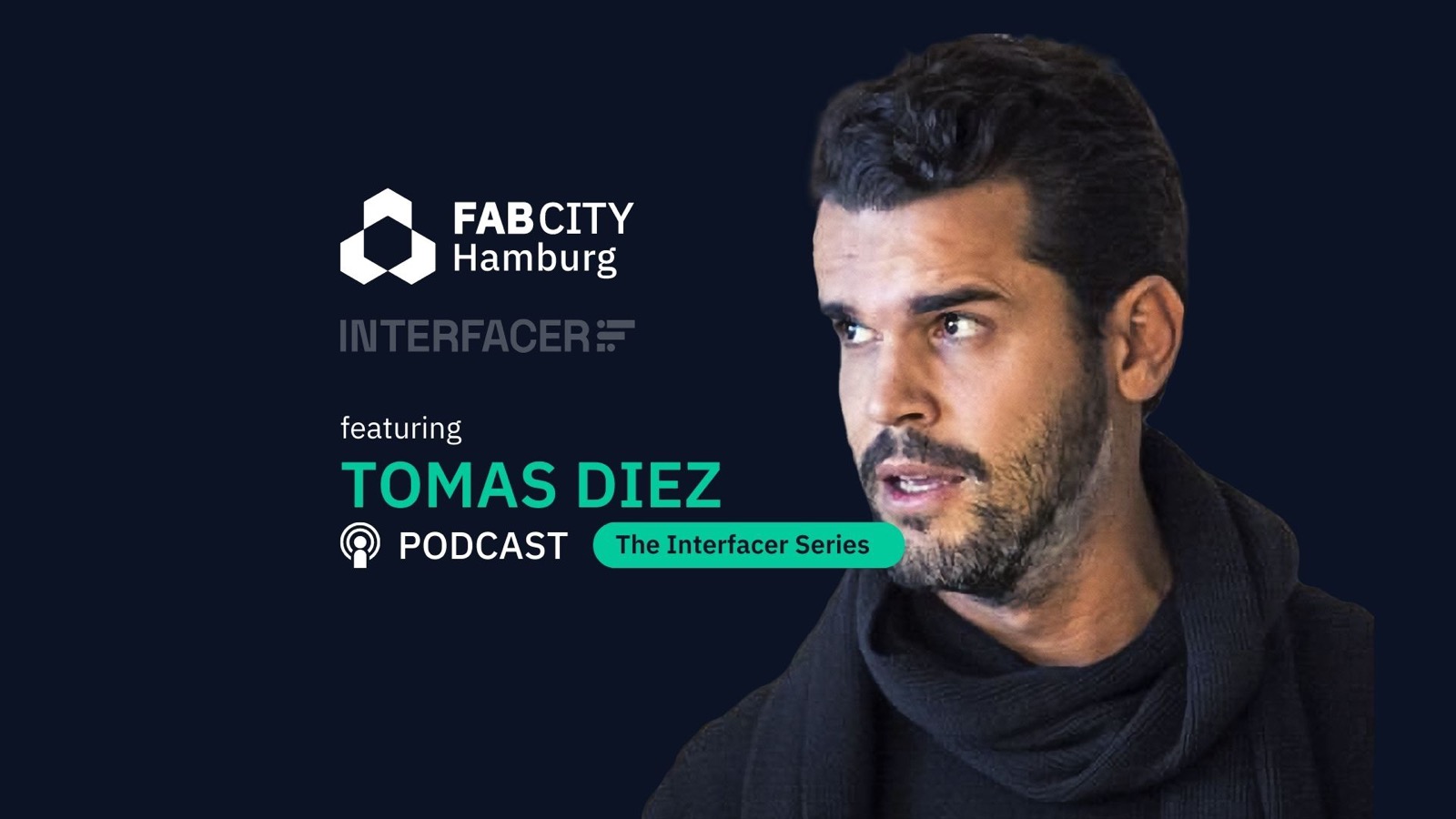 Tomas Diez auf einem dunklen Hintergrund. Das FabCity und Interfacer Logo sind zu sehen.